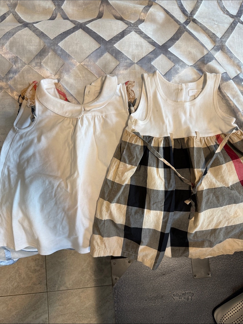 Burberry White Ribbed Bodice Plaid Skirt Dress with Classic Check